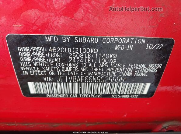JF1VBAF66N9025995 2022 SUBARU WRX Red Widok komory silnika