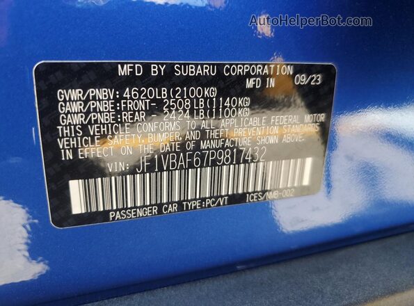 JF1VBAF67P9817432 2023 SUBARU WRX Blue Շարժիչի բաժամունքի տեսք