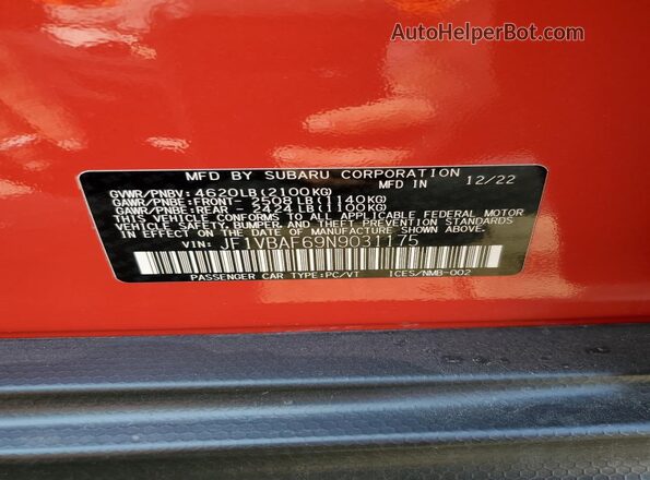 JF1VBAF69N9031175 2022 SUBARU WRX Red VIN კოდის სტიკერის ხედი
