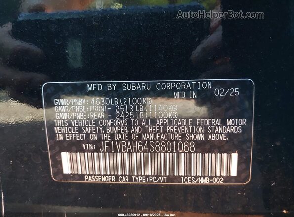 JF1VBAH64S8801068 2025 SUBARU WRX Black Widok komory silnika