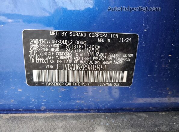 JF1VBAH6XR9819451 2024 SUBARU WRX Blue Widok komory silnika