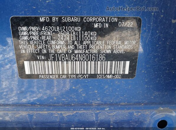 JF1VBAU64N8016186 2022 SUBARU WRX Blue Շարժիչի բաժամունքի տեսք