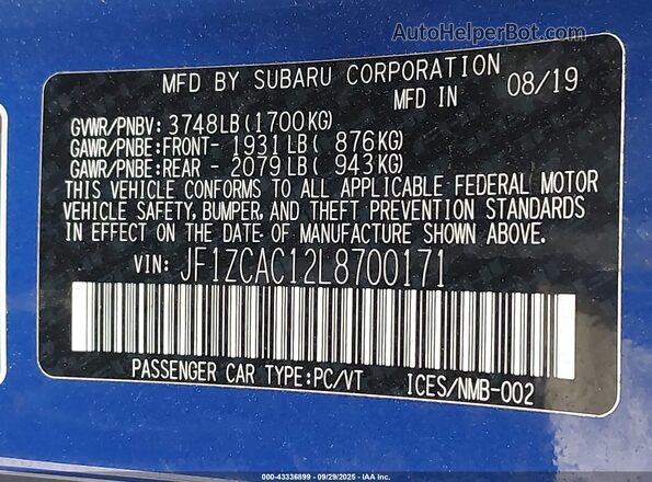 JF1ZCAC12L8700171 2020 SUBARU BRZ Blue Вид підкапотного простору