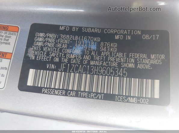 JF1ZCAC13H9605345 2017 SUBARU BRZ Silver 