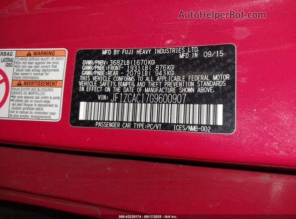 JF1ZCAC17G9600907 2016 SUBARU BRZ Red Շարժիչի բաժամունքի տեսք