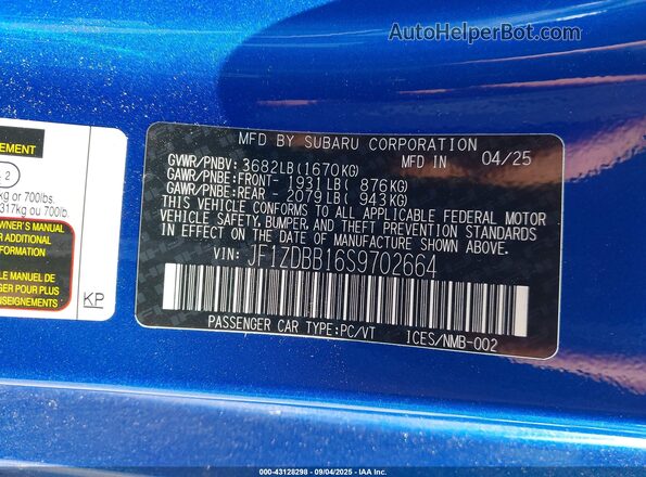 JF1ZDBB16S9702664 2025 SUBARU BRZ Blue Շարժիչի բաժամունքի տեսք