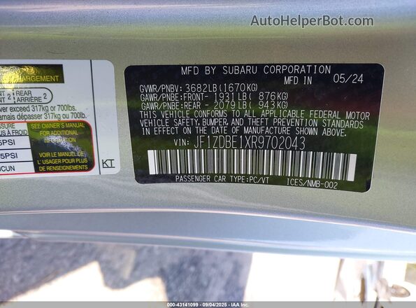 JF1ZDBE1XR9702043 2024 SUBARU BRZ Silver Widok komory silnika