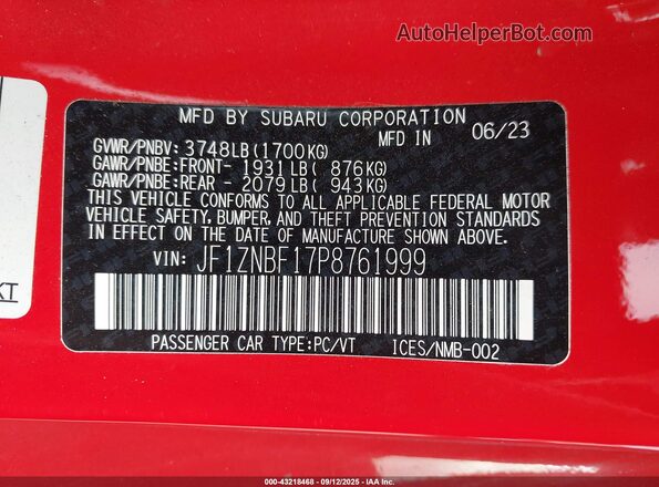 JF1ZNBF17P8761999 2023 TOYOTA GR86 Red Vista del compartimento del motor