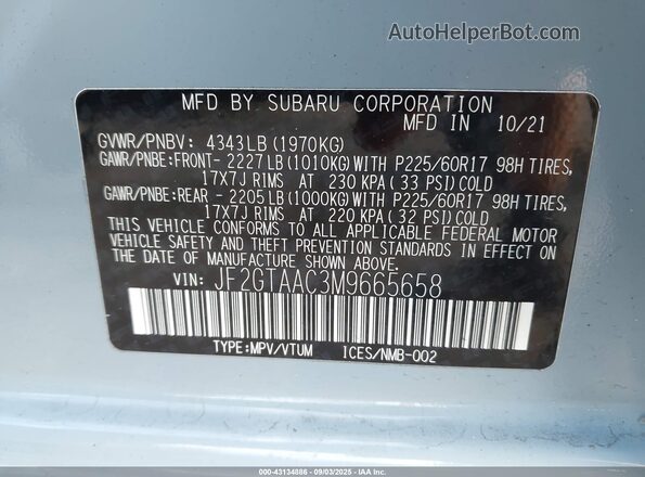 JF2GTAAC3M9665658 2021 SUBARU CROSSTREK Light Blue Widok komory silnika