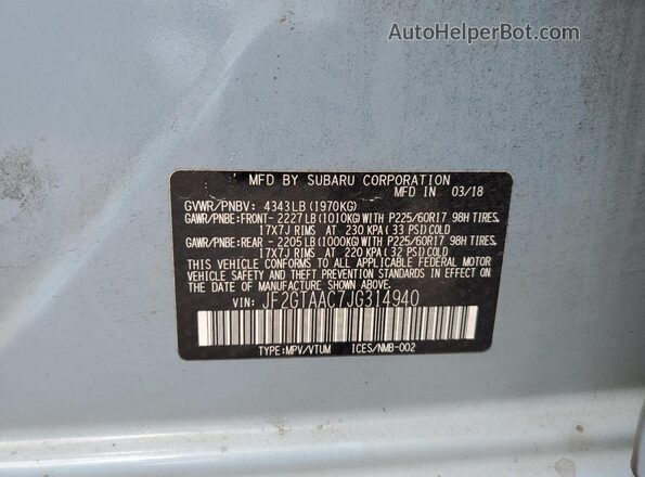 JF2GTAAC7JG314940 2018 SUBARU CROSSTREK Синий 