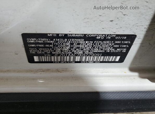 JF2GTAAC7KH229091 2019 SUBARU CROSSTREK White Vista del compartimento del motor