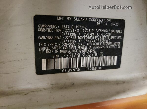 JF2GTABC3L8278630 2020 SUBARU CROSSTREK Белый Вид наклейки с VIN-кодом