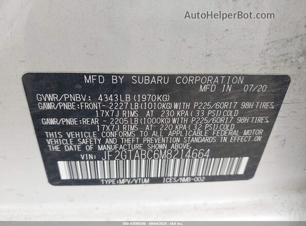 JF2GTABC6M8214664 2021 SUBARU CROSSTREK White Widok komory silnika