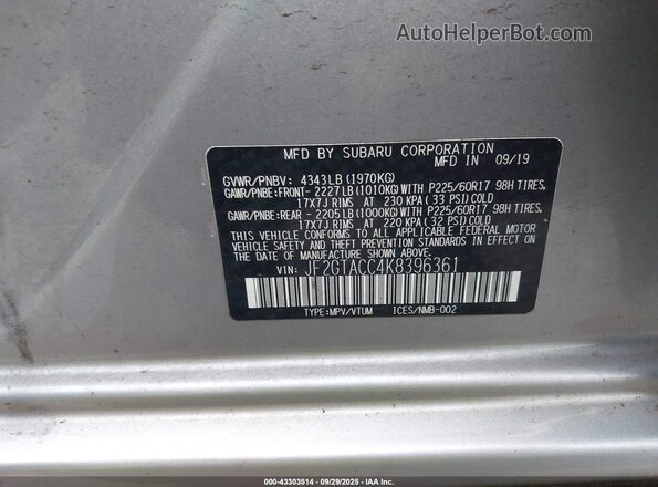 JF2GTACC4K8396361 2019 SUBARU CROSSTREK Gray Vista del compartimento del motor