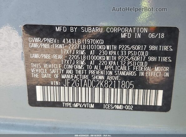 JF2GTADC2K8211805 2019 SUBARU CROSSTREK Blue Engine compartment view