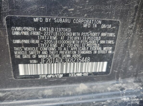 JF2GTADC3K8235448 2019 SUBARU CROSSTREK Charcoal VIN sticker view