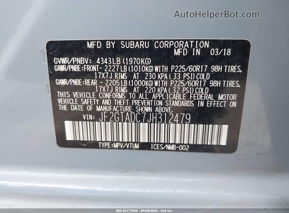 JF2GTADC7JH312479 2018 SUBARU CROSSTREK Light Blue ძრავის განყოფილების ხედი