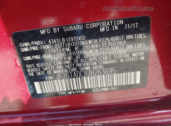 JF2GTADC8JH263695 2018 SUBARU CROSSTREK Красный 
