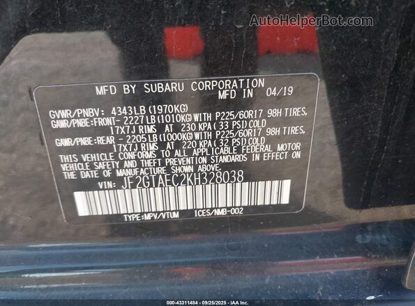 JF2GTAEC2KH328038 2019 SUBARU CROSSTREK Black Vista del compartimento del motor