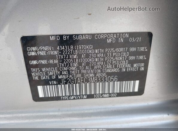 JF2GTAEC3M8333056 2021 SUBARU CROSSTREK Серебряный Вид подкапотного пространства