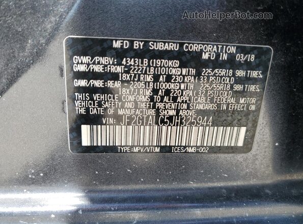 JF2GTALC5JH325944 2018 SUBARU CROSSTREK Gray 