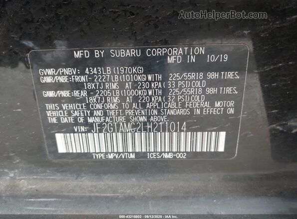 JF2GTAMC2LH211014 2020 SUBARU CROSSTREK Black Widok komory silnika