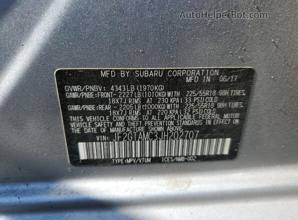 JF2GTAMC3JH202707 2018 SUBARU CROSSTREK Silver VIN կոդի պիտակի տեսք