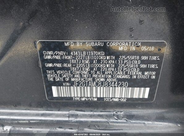 JF2GTAMC8J8344230 2018 SUBARU CROSSTREK Gray 