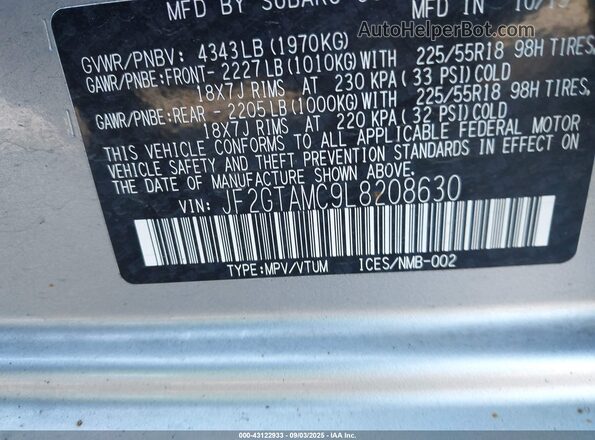 JF2GTAMC9L8208630 2020 SUBARU CROSSTREK Серебряный Вид подкапотного пространства