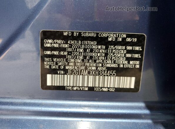 JF2GTAMCXKH384455 2019 SUBARU CROSSTREK Blue Widok naklejki z numerem VIN