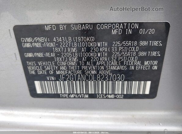 JF2GTANC0L8237030 2020 SUBARU CROSSTREK Серебряный Вид подкапотного пространства