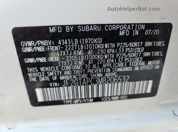 JF2GTAPC3M8206532 2021 SUBARU CROSSTREK Белый 