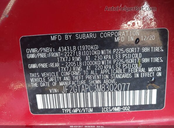 JF2GTAPC3M8302077 2021 SUBARU CROSSTREK Red 