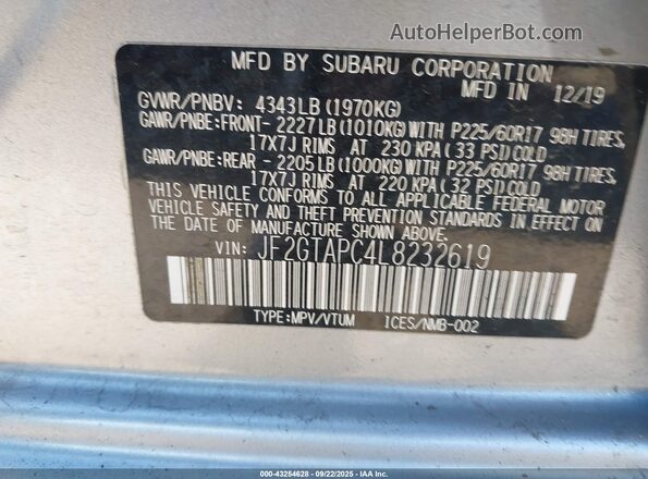 JF2GTAPC4L8232619 2020 SUBARU CROSSTREK Серебряный Вид подкапотного пространства