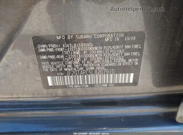 JF2GTAPC5L8207910 2020 SUBARU CROSSTREK Gray Widok komory silnika