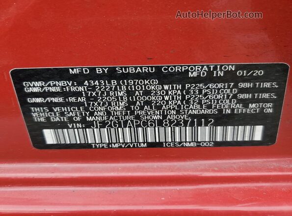JF2GTAPC6L8237112 2020 SUBARU CROSSTREK Red VIN sticker view