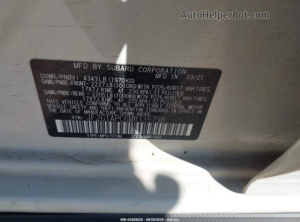 JF2GTAPC6M8335798 2021 SUBARU CROSSTREK White ძრავის განყოფილების ხედი