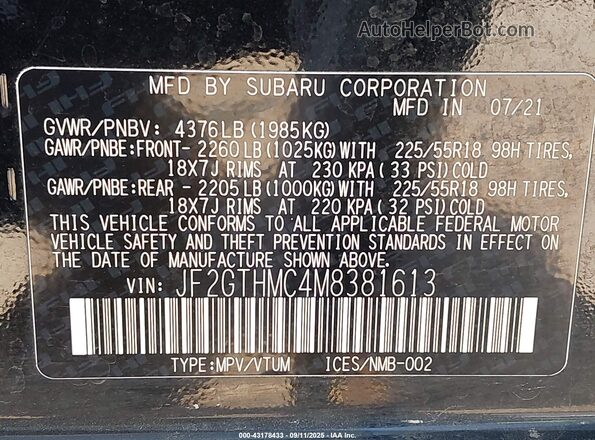 JF2GTHMC4M8381613 2021 SUBARU CROSSTREK Black Շարժիչի բաժամունքի տեսք