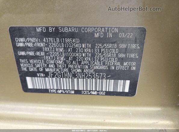 JF2GTHNC3NH253573 2022 SUBARU CROSSTREK Green Vista del compartimento del motor