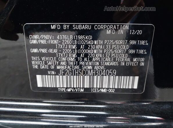 JF2GTHSC0MH304059 2021 SUBARU CROSSTREK Black Вид підкапотного простору