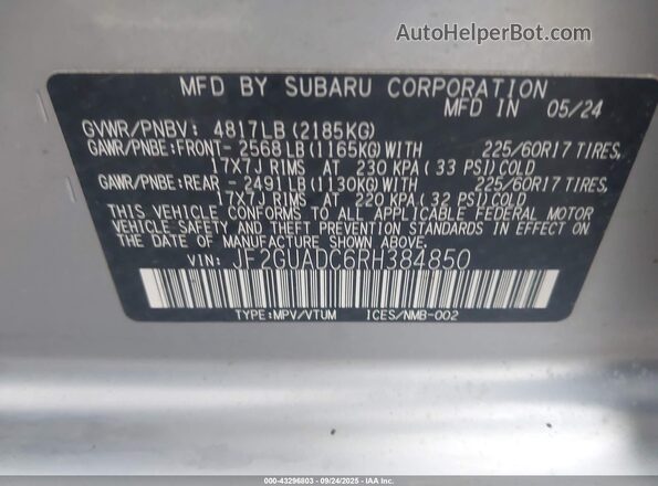JF2GUADC6RH384850 2024 SUBARU CROSSTREK Silver ძრავის განყოფილების ხედი