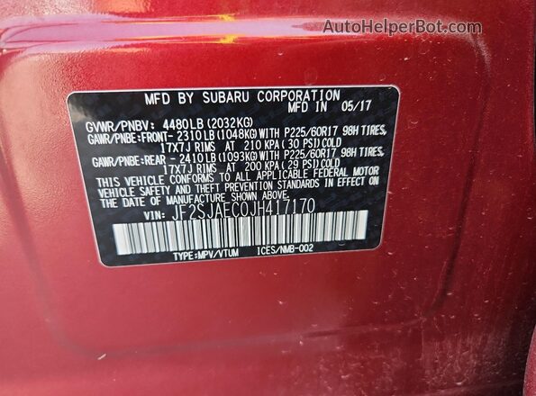 JF2SJAEC0JH417170 2018 SUBARU FORESTER 2.5 Красный 