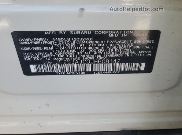 JF2SJAJC0JH608142 2018 SUBARU FORESTER 2.5 Белый 