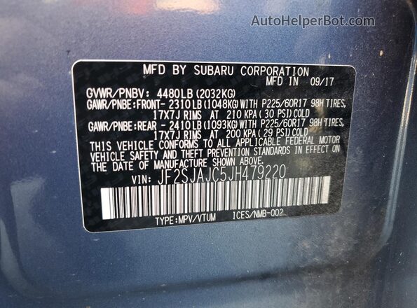JF2SJAJC5JH479220 2018 SUBARU FORESTER 2.5 Синий 