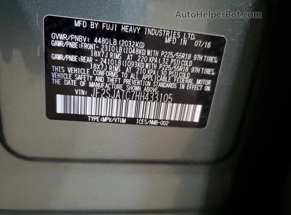 JF2SJATC7HH433105 2017 SUBARU FORESTER 2.5I TO Green 