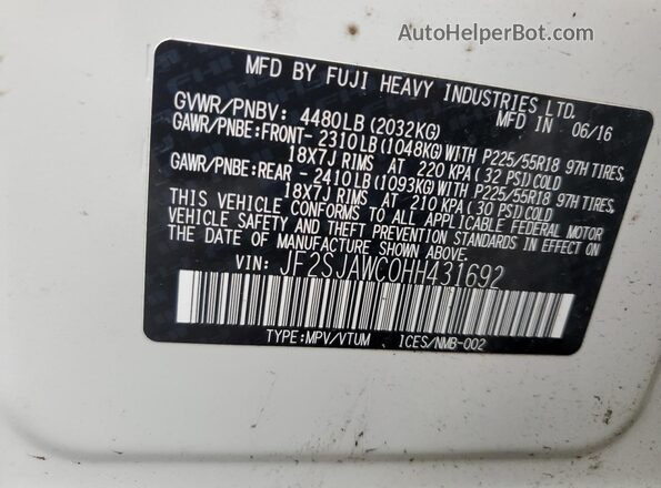 JF2SJAWC0HH431692 2017 SUBARU FORESTER 2.5I TO White 