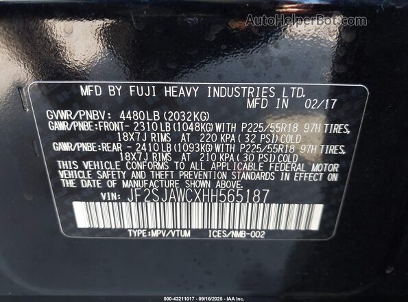 JF2SJAWCXHH565187 2017 SUBARU FORESTER 2.5I TO Черный Вид подкапотного пространства