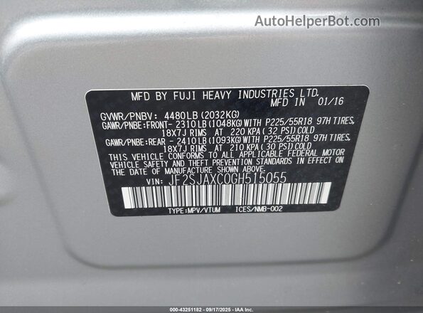JF2SJAXC0GH515055 2016 SUBARU FORESTER 2.5I TO Silver Engine compartment view