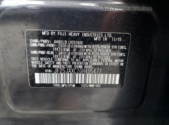 JF2SJAXC1GH495477 2016 SUBARU FORESTER 2.5I TO Charcoal VIN კოდის სტიკერის ხედი