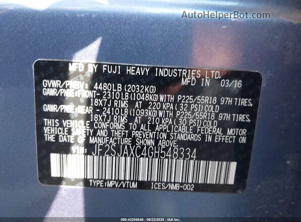JF2SJAXC4GH548334 2016 SUBARU FORESTER 2.5I TO Blue ძრავის განყოფილების ხედი